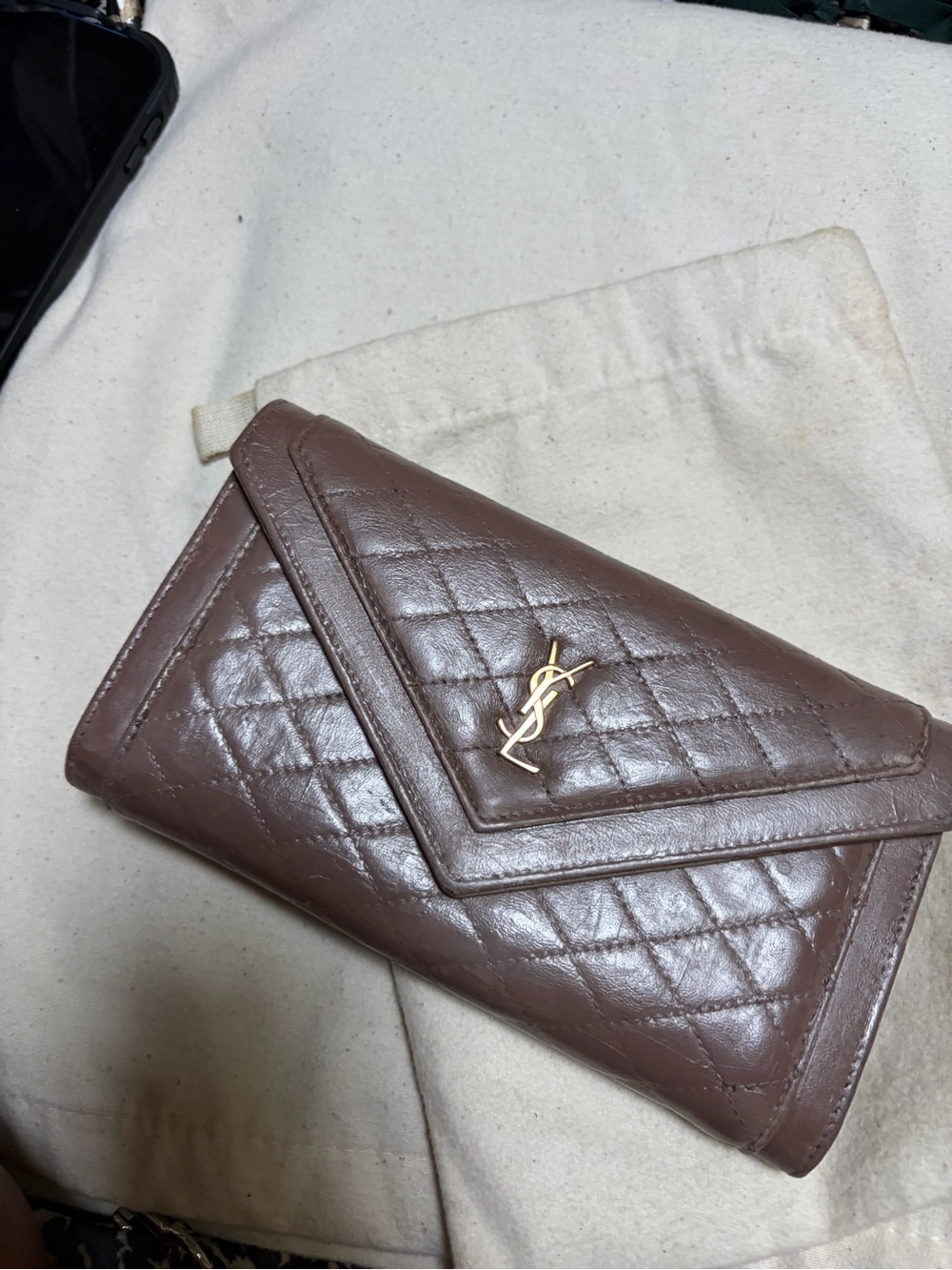 Saint Laurent Gaby Quilted Leather Envelope Wallet in Brown